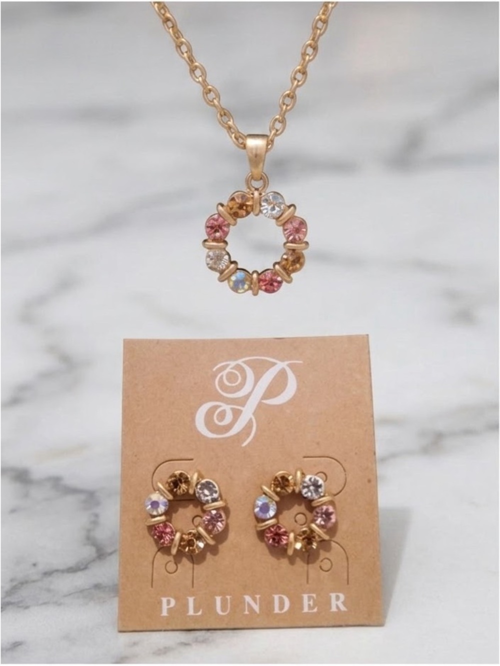 Plunder Gold-Tone Multi-Stone Wreath Necklace/ Earrings Set